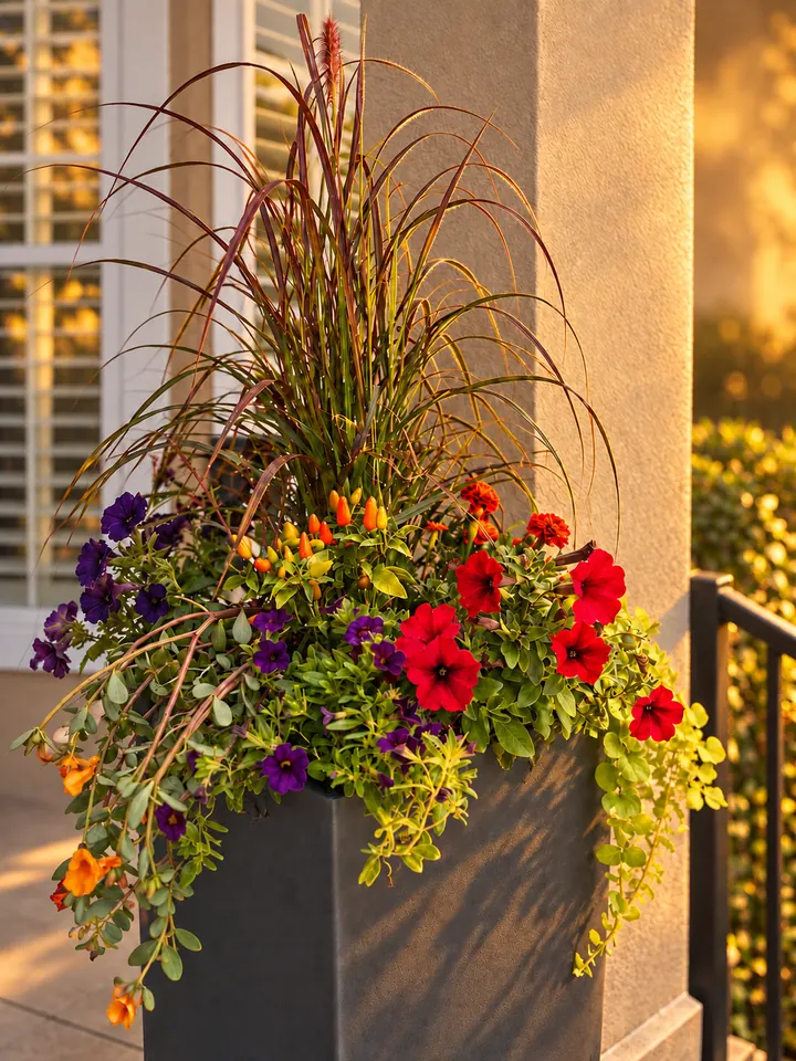 Burgundy ornamental grass, red and purple flowers, and trailing foliage in a tall charcoal planter